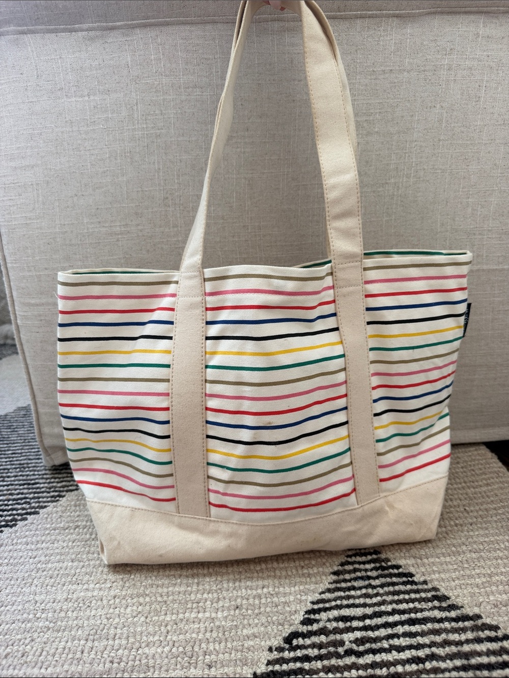 J. Crew Cream Canvas Tote with Multicolor Stripes